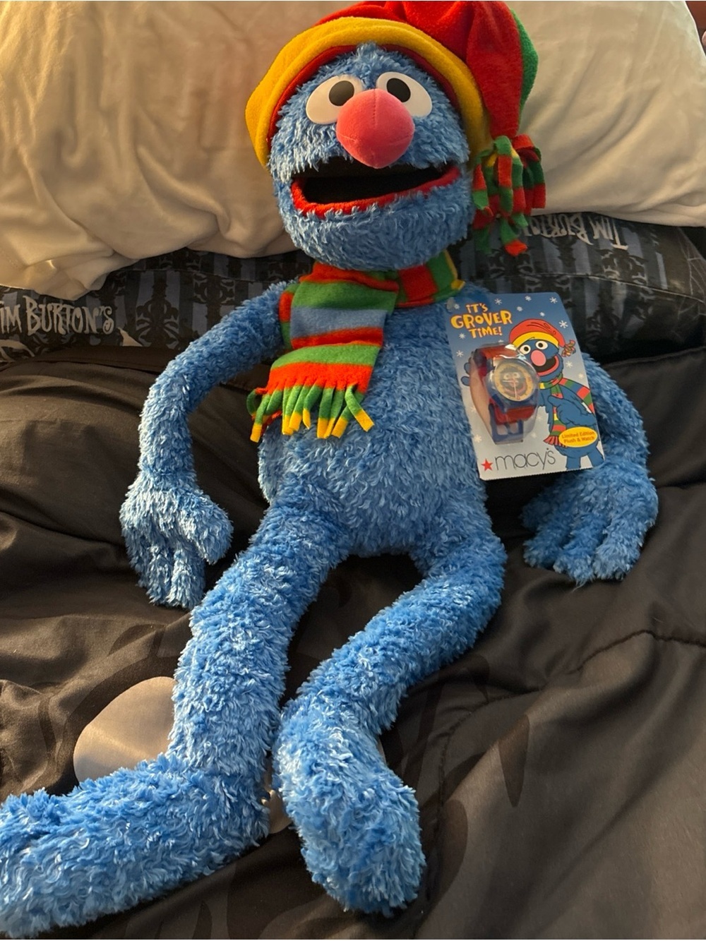 Macy's Blue Grover Plush with Red & Green Holiday Hat and Striped Scarf - Picture 2 of 10